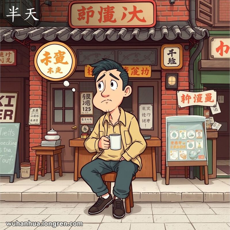 一位武汉男子坐在茶馆前的木凳上，手捧茶杯，神情若有所思，背景是武汉老街景
