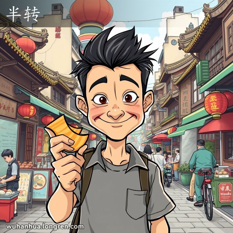 一位性格乖僻的人站在武汉街头，手拿半转的物品，脸上带着古怪的表情，背景是武汉的传统街景