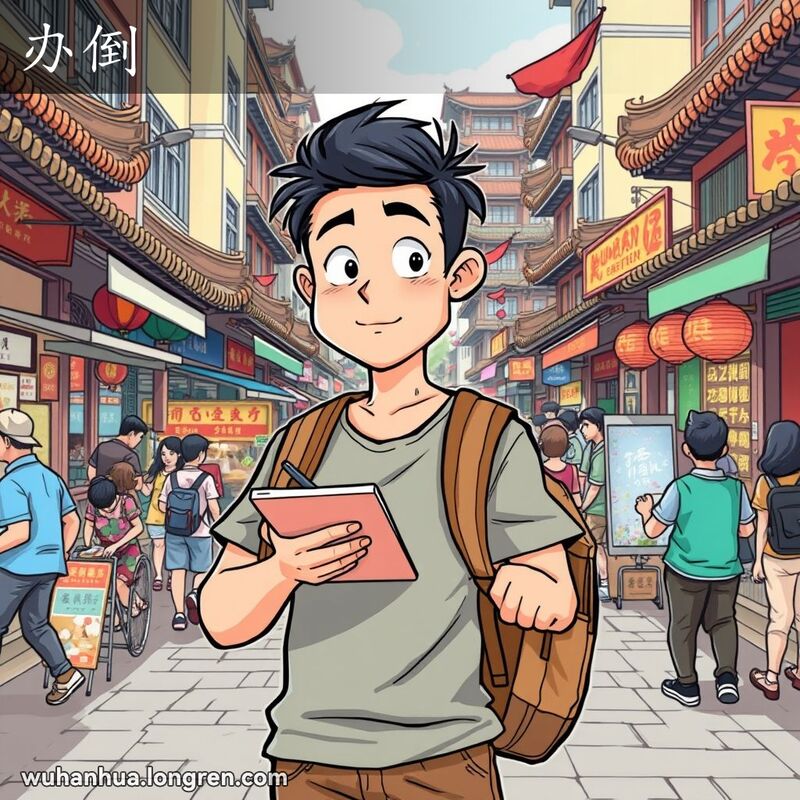 一位武汉男子站在繁忙的街道上，手持笔记本和笔，神情专注，正在计划一些重要的事情，背景是武汉的传统街景