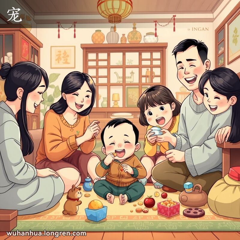 一个武汉家庭客厅，家人们围绕在一个孩子身边，给予他过分的爱和关注，体现了“宠”的意思。