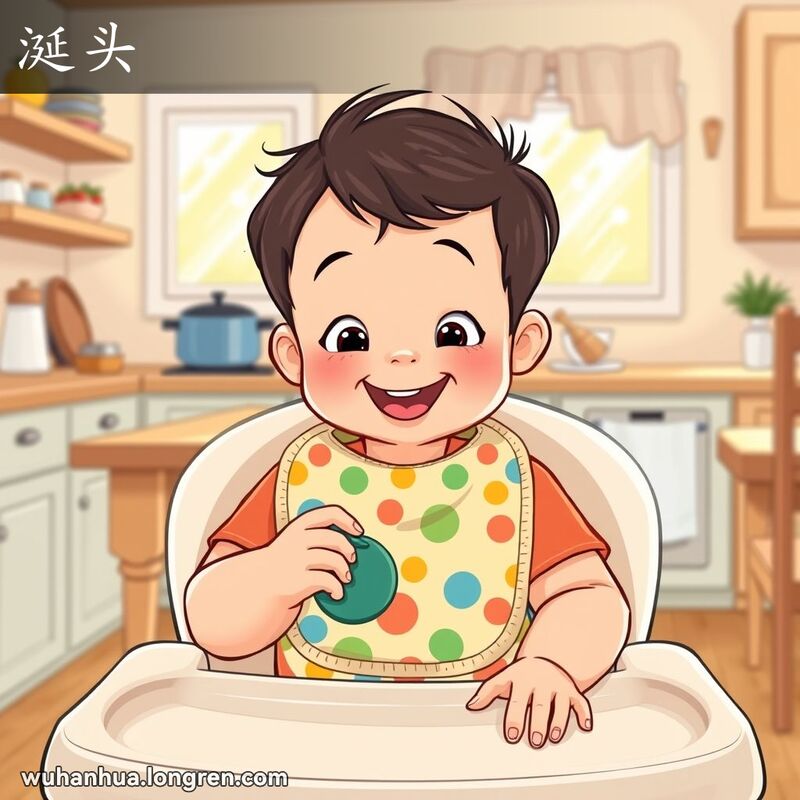 一个小孩子坐在高脚椅上，戴着围嘴儿，背景是温馨的家庭厨房