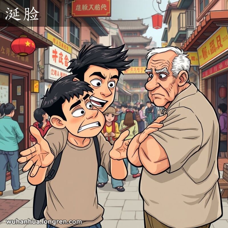 一位年轻人厚着脸皮纠缠一位老人要钱，背景是繁忙的武汉街头