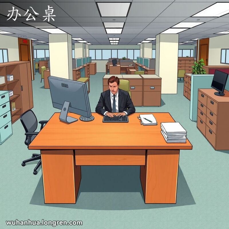 一位职业人士坐在整洁的办公桌前工作，背景是现代办公环境