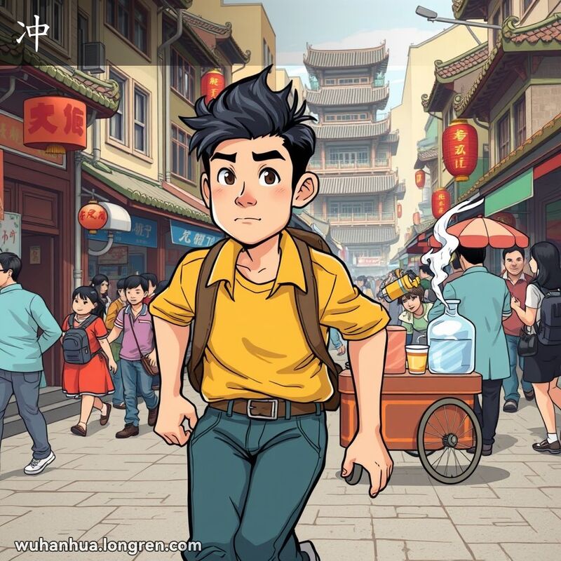 武汉街头，一位年轻男子快步行走，身体前倾，背景中小贩倒热水，展现“冲”的多重含义