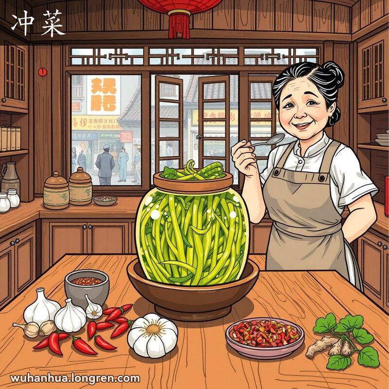 一位中年妇女在厨房中品尝腌制的芥菜，背景是武汉街景