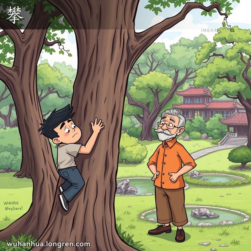 一位年轻人在公园里攀爬高大的老树，表情坚定但挫败，旁边年长者摇头表示不可能成功。