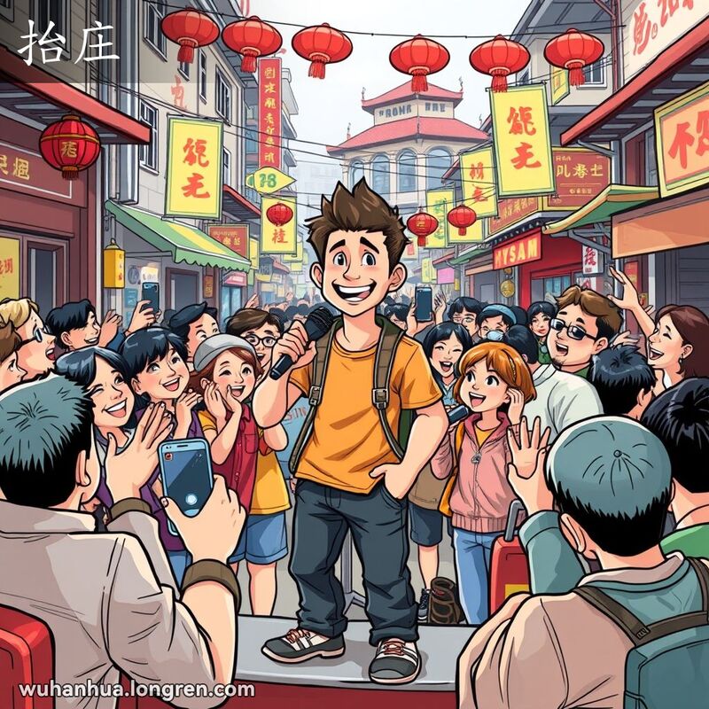 一位年轻表演者在武汉街头表演，观众热情鼓掌欢呼，背景是武汉老街景