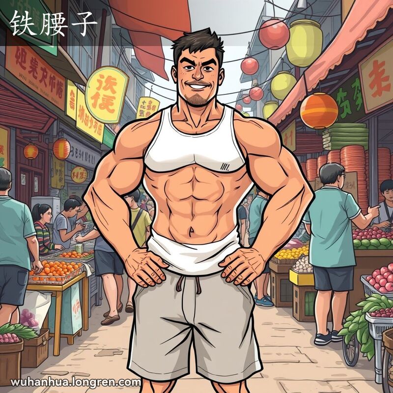 一位强壮的武汉男子在街市中展示他结实的腹肌，背景是热闹的街市摊位和顾客