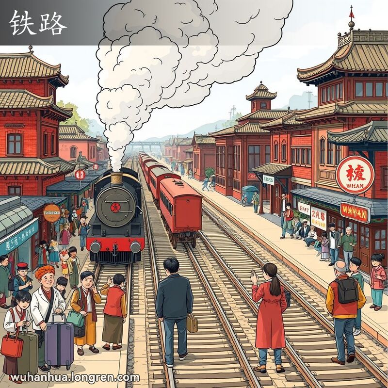 武汉火车站的繁忙景象，铁路轨道延伸至远方，老式蒸汽火车行驶，居民聚集在铁轨旁，背景是武汉老街景