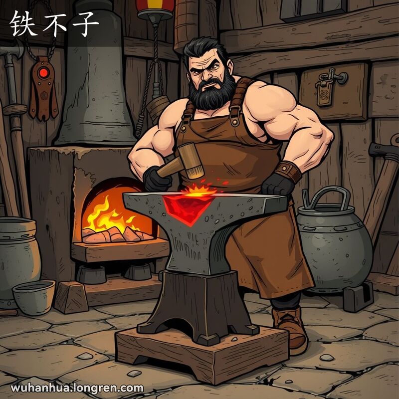 一个强壮的铁匠在老铁匠铺里，手持铁锤准备敲打铁砧上的烧红金属，背景有老旧工具和炉火。
