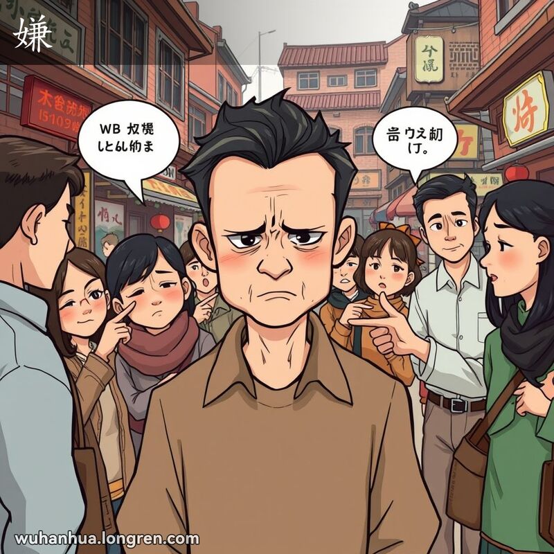 一群人在武汉老街上，主角男子被其他人嫌弃，显得孤立和沮丧，背景有老建筑和小摊贩
