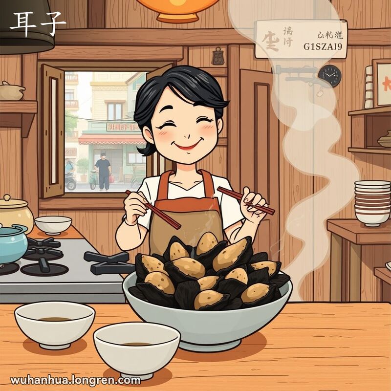 一位中年妇女在传统武汉厨房中烹饪黑木耳，准备用筷子将其端上桌，背景是温馨的家庭餐桌和繁忙的街景