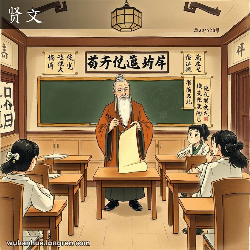 一位传统中国书法老师在教室里教学生写字，背景是古色古香的教室