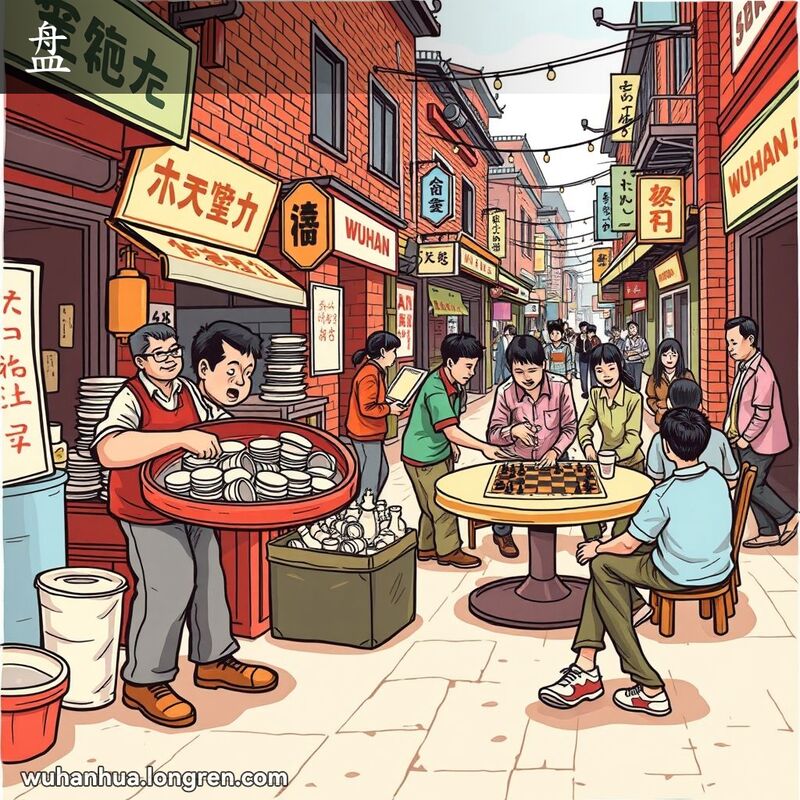 武汉街头市场，小贩收拾摊位，市民下棋和盘腿而坐，展示“盘”的多种含义