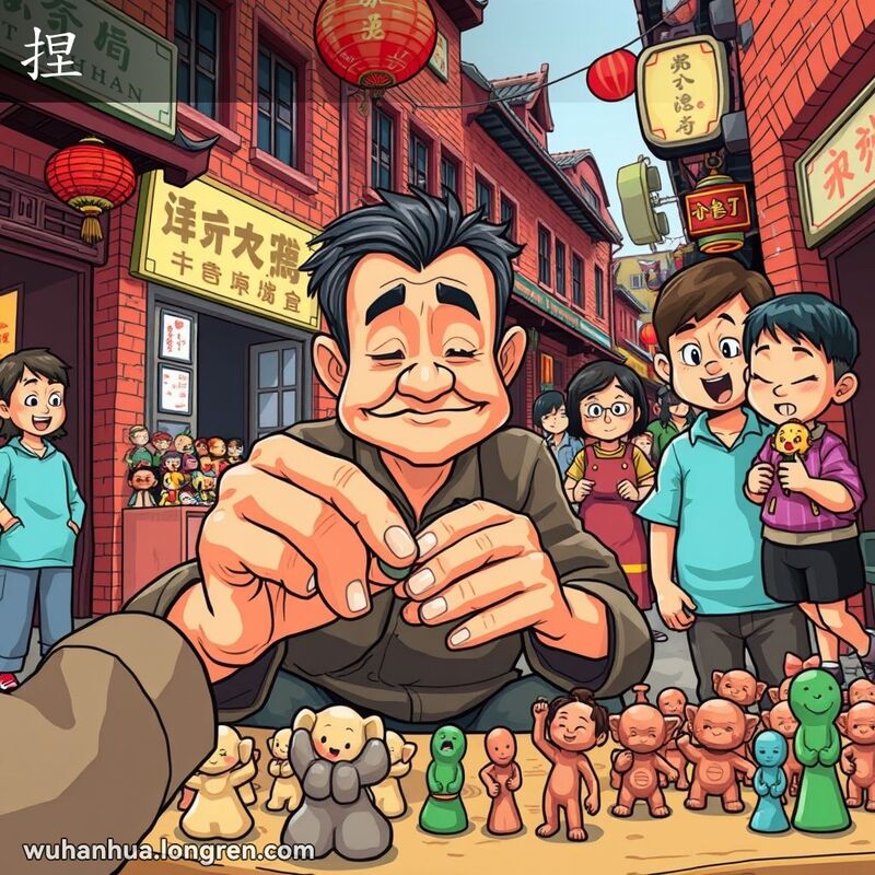 武汉街头市场，手艺人用手指捏制泥巴人，旁边有好奇的观众和孩子