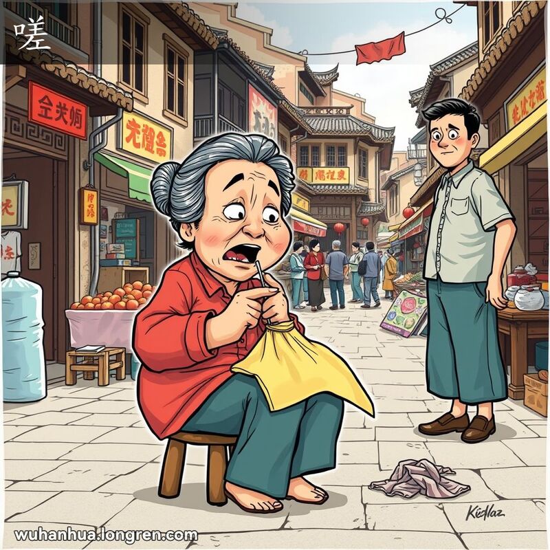 一位中年妇女在武汉市场缝补衣物时被针刺到手指，脸上露出疼痛和惊讶的表情，背景有关切的男子。