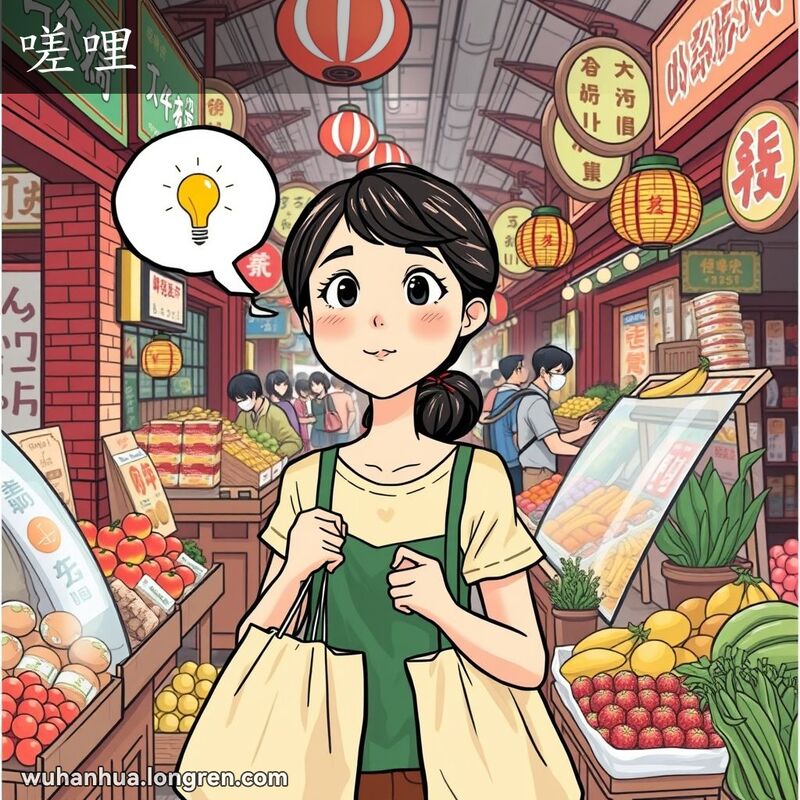 一位武汉女子在市场中，手持购物袋，露出恍然大悟的表情，背景是武汉老街景