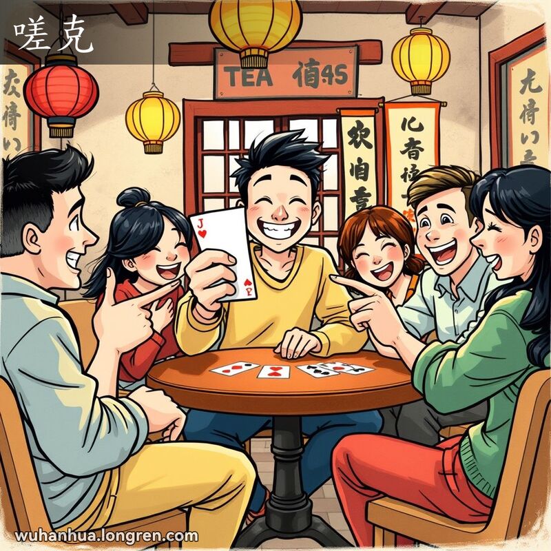 一群朋友在茶馆玩扑克，年轻人手持'J'牌，背景有传统中国装饰