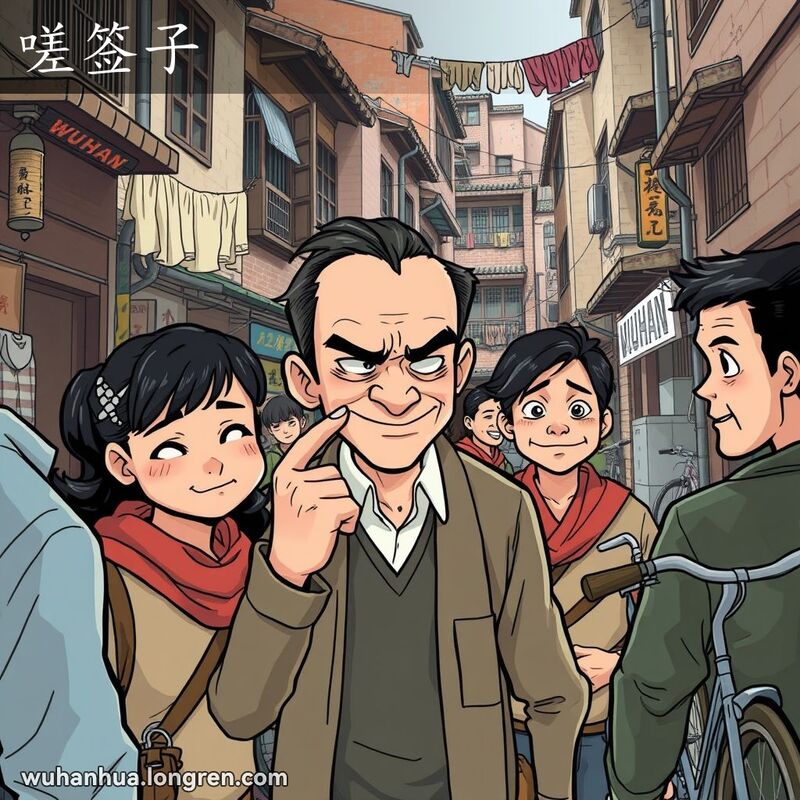 一群人在武汉老街区，一个男子在背后耳语，暗示阴谋。