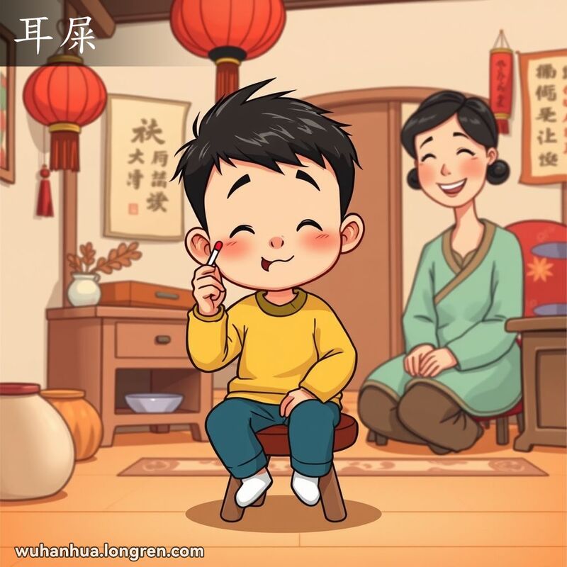 小男孩坐在板凳上用棉签清理耳屎，母亲在一旁微笑看着，背景是温馨的武汉传统家庭环境