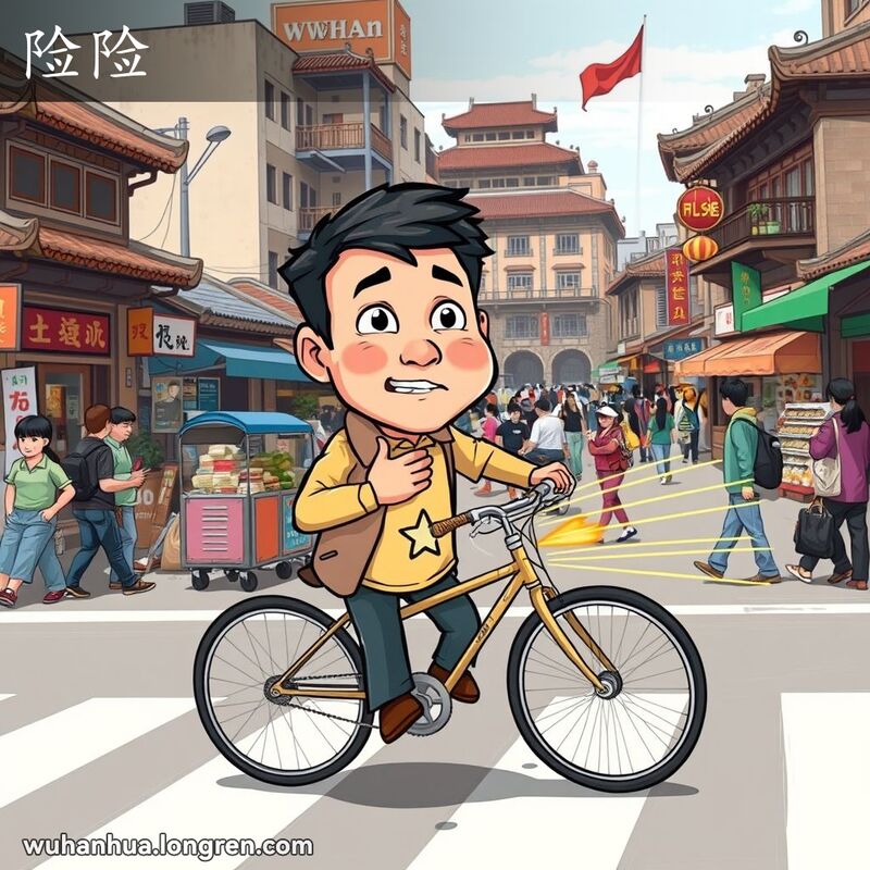 一位武汉市民在街道上险些被自行车撞到，表情惊讶，背景是武汉老街景