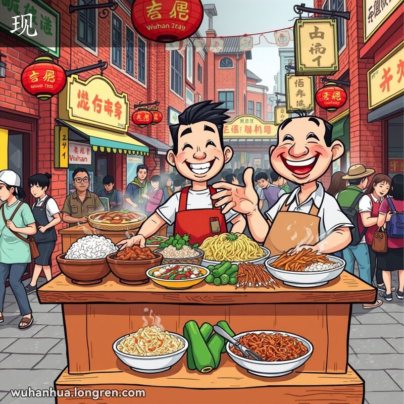 武汉街头市场，摊贩展示新鲜美味的食物，背景是热闹的市场场景