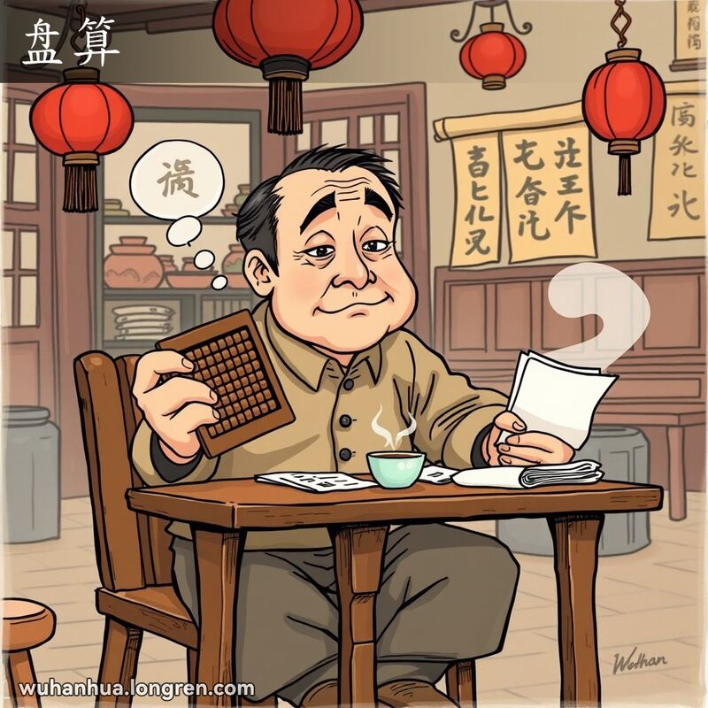 一位中年男子坐在茶馆桌旁，手持算盘和本子，神情专注，背景是传统中国装饰