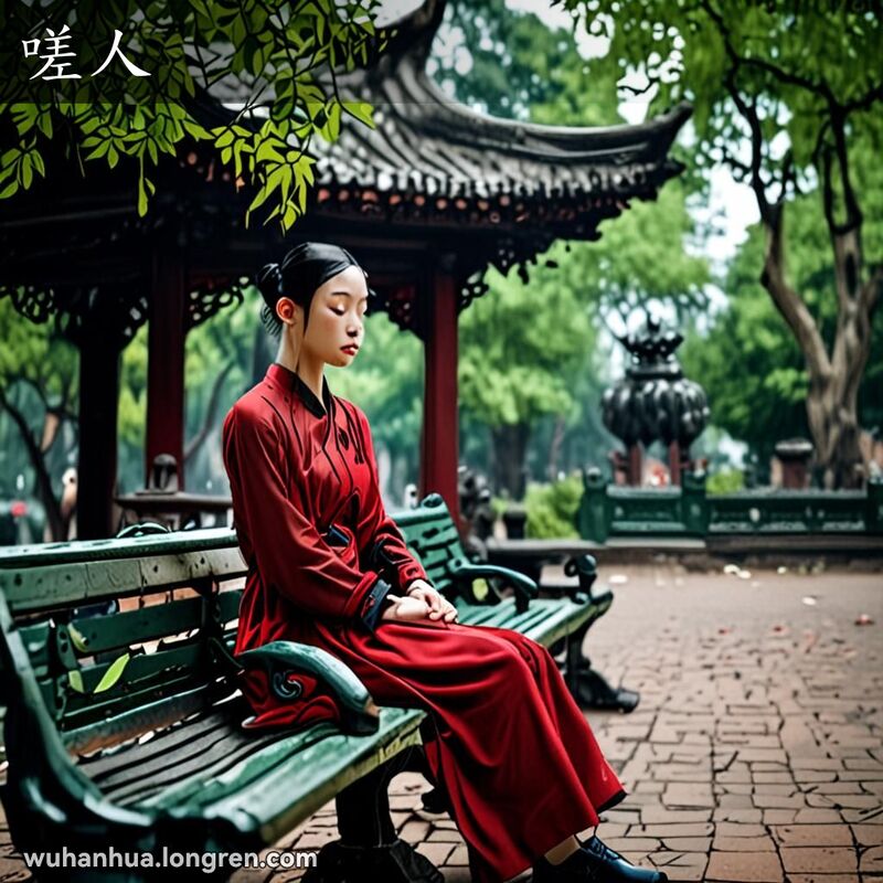 一位年轻的武汉市民坐在公园长椅上，手上被针刺伤，流出一滴血，表情混合了疼痛和惊讶，背景是绿意盎然的公园和传统中式建筑。