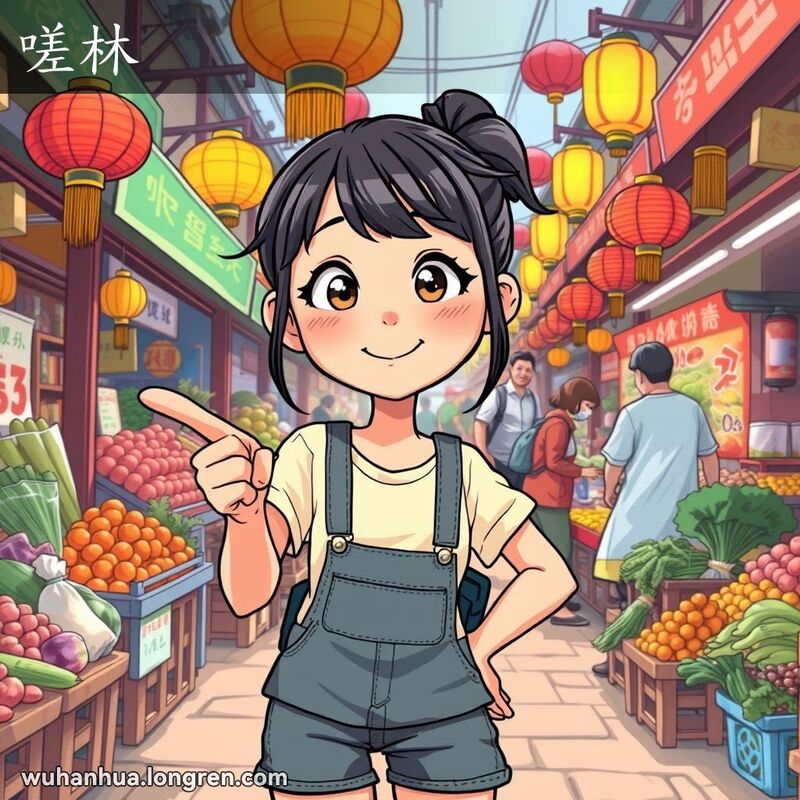 一位年轻的武汉女孩在市场中，脸上带着调皮的表情，指着某人，背景是繁忙的市场摊位