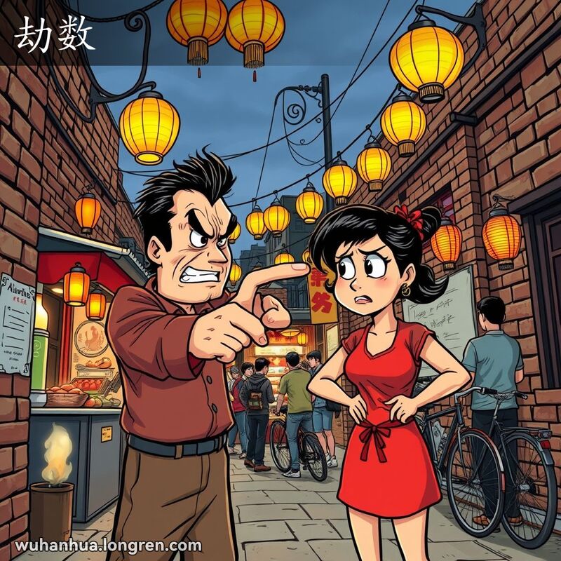 两个人在武汉老巷子里争吵，男人指着女人，女人双手叉腰，背景有小吃摊和自行车