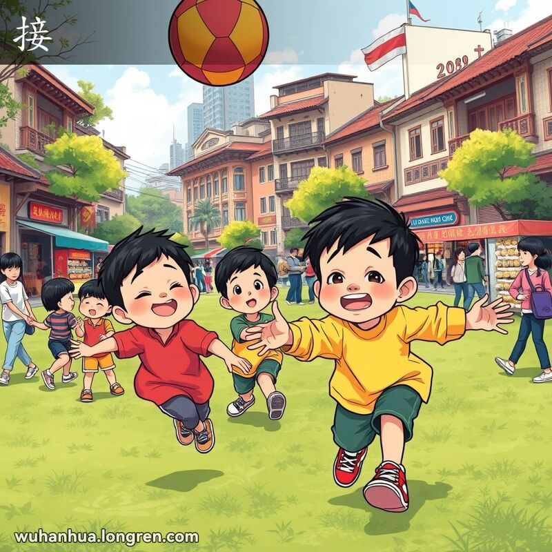 一群孩子在武汉街头公园玩耍，一个孩子扔球，另一个孩子伸手接球，背景是武汉老街景