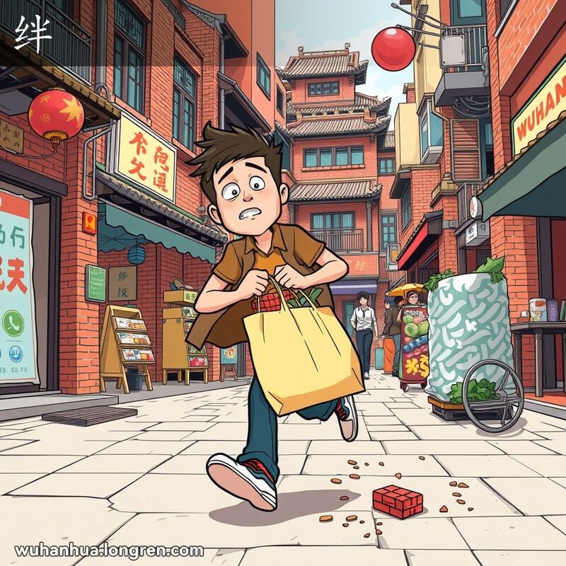 一位年轻男子在武汉街道上被地上的障碍物绊倒，手中的购物袋散落一地，背景是武汉老街景