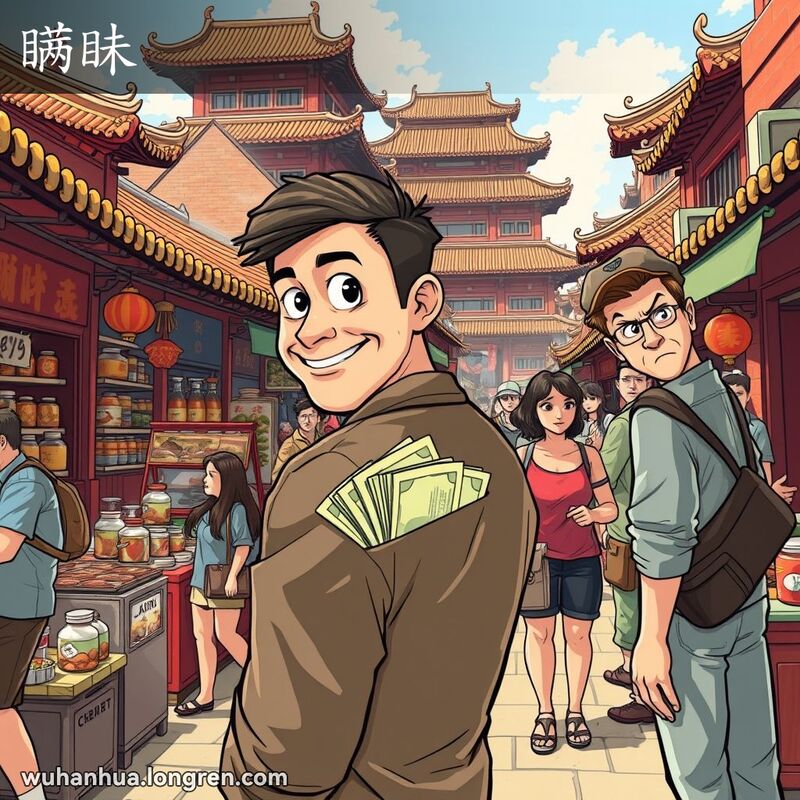 一位武汉男子在街头偷偷藏钱，旁边有人怀疑地偷看，背景是武汉老街景