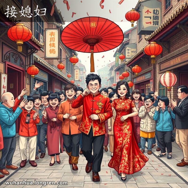 武汉传统婚礼迎亲场景，新郎新娘在热闹的老街上接亲，背景是武汉的传统建筑和街景