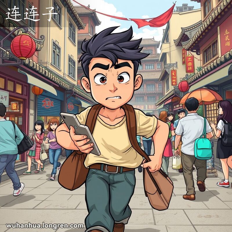 一位年轻男子在武汉繁忙街道上匆忙穿行，手持包和手机，表情急切，背景是老街景