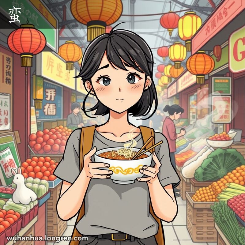 一位年轻的武汉女子在市场中手持面条，露出既骄傲又羞涩的表情，背景是热闹的市场景象