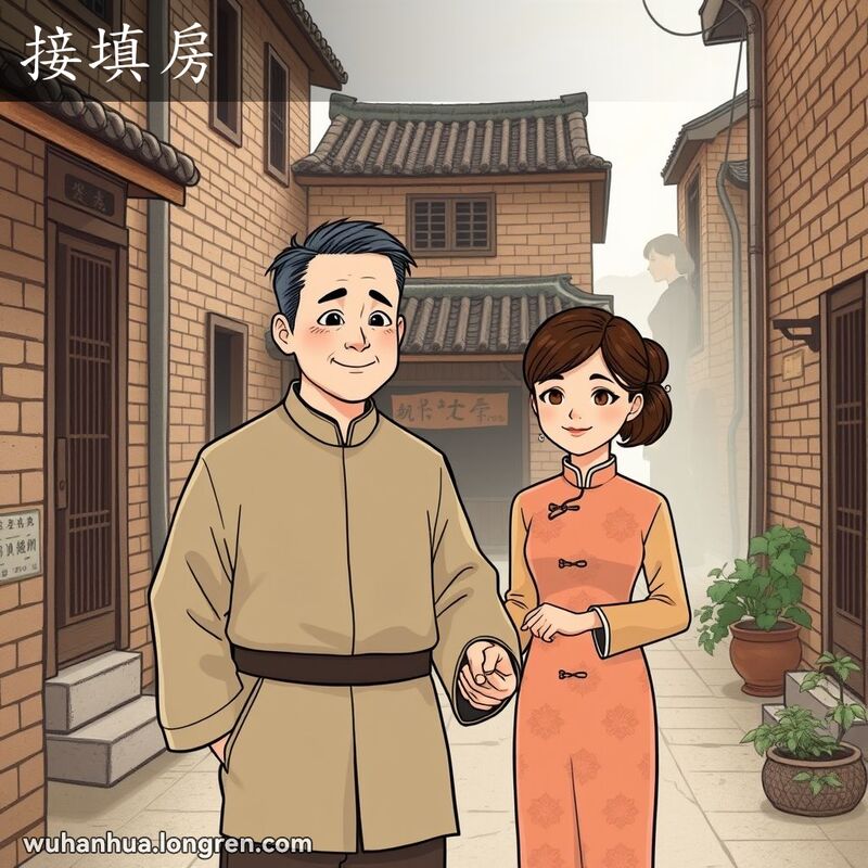 一位中年男子牵着新妻子的手，站在武汉老街的房子前，背景中有已故前妻的身影