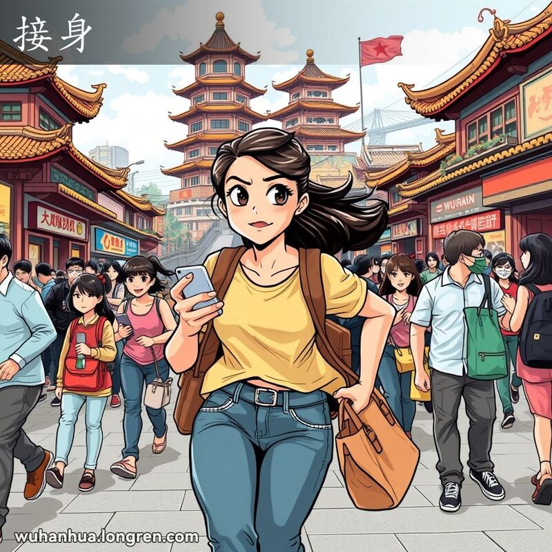 一位年轻女性在武汉街头匆忙穿行，手持手机和包，表情急切，背景是黄鹤楼和长江大桥
