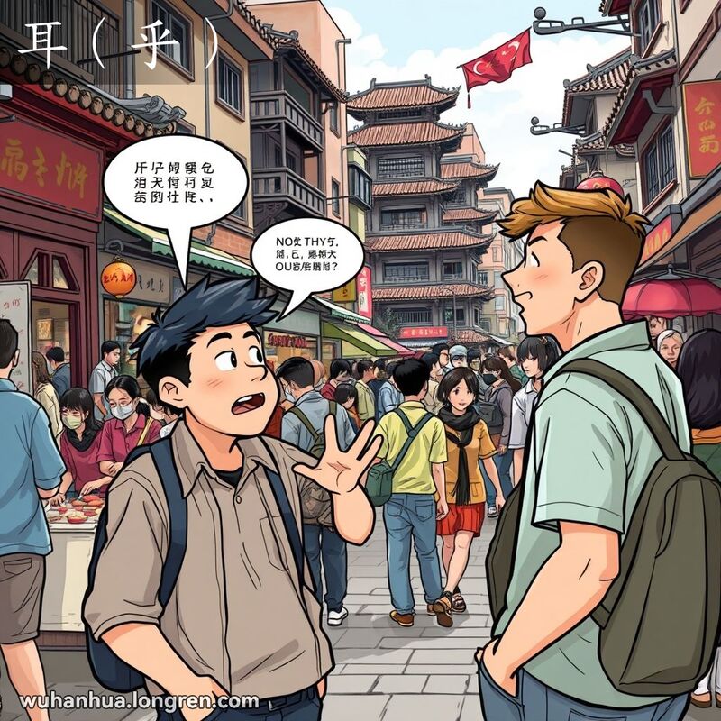 一位武汉市民在街上试图引起另一位市民的注意，但对方毫不理睬，背景是武汉老街景
