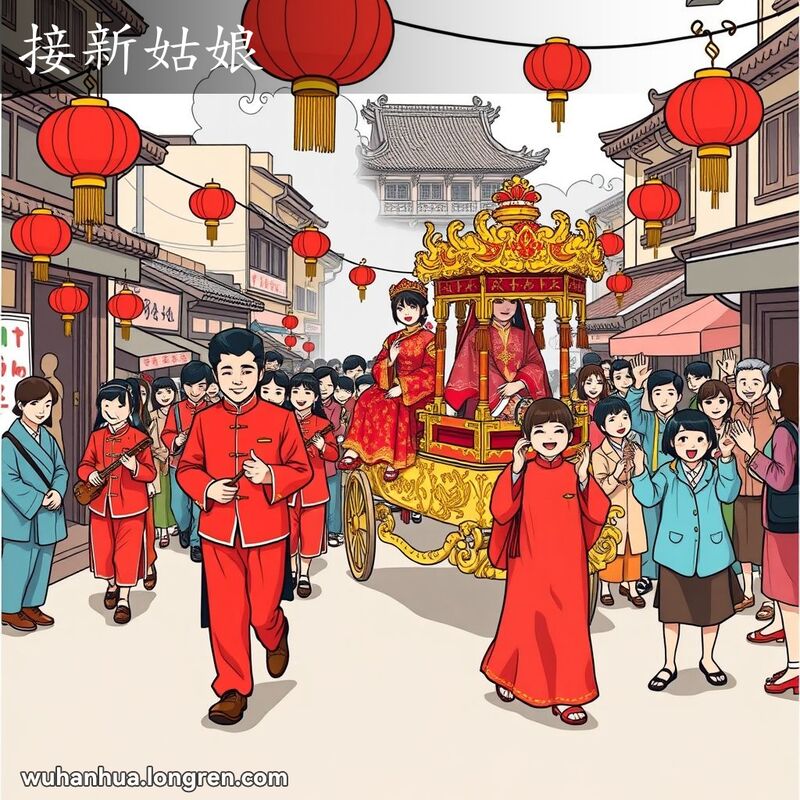 武汉传统婚礼迎亲场景，新郎带领乐队和花轿穿过热闹的街道，新娘坐在花轿中，背景是武汉老街景。