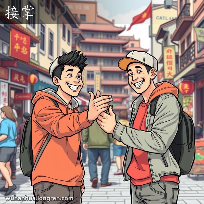 两位年轻人在武汉街头击掌，背景是繁忙的老街景