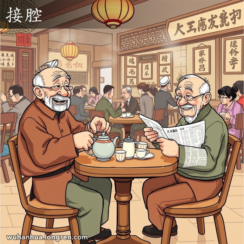 两位老人在武汉茶馆内聊天，一位讲故事，另一位接话，背景有其他顾客和传统装饰