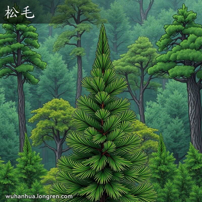一棵高大的松树，树上的松针清晰可见，背景是宁静的森林景色