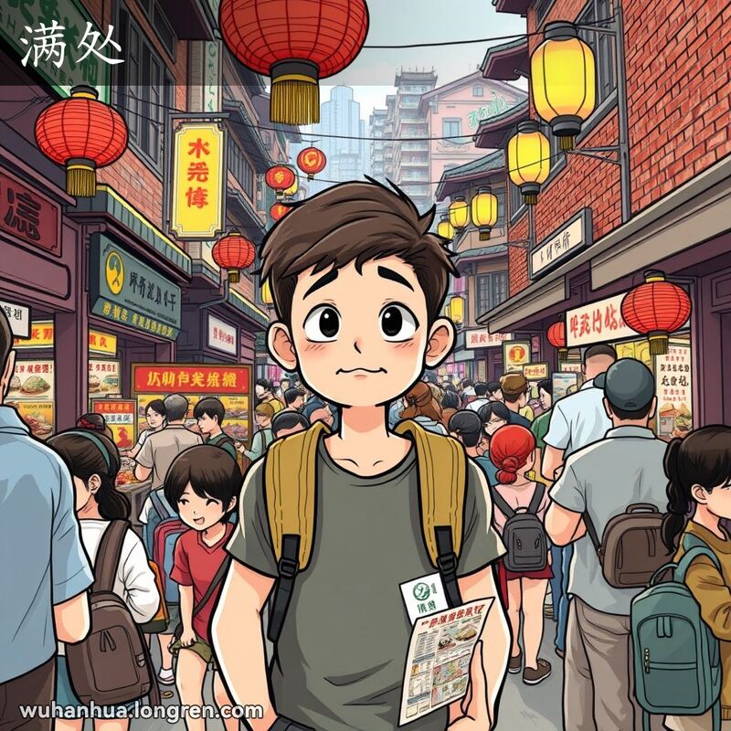 一位年轻人在武汉繁忙的街道上，被各种元素包围，显得有些不知所措，背景是武汉传统的街头小吃摊和老建筑。