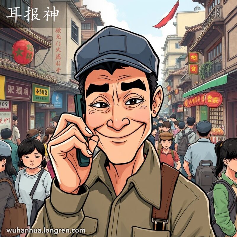 一位男子在武汉街头低声打电话，嘴角带着狡黠的微笑，周围是忙碌的人群和老街景