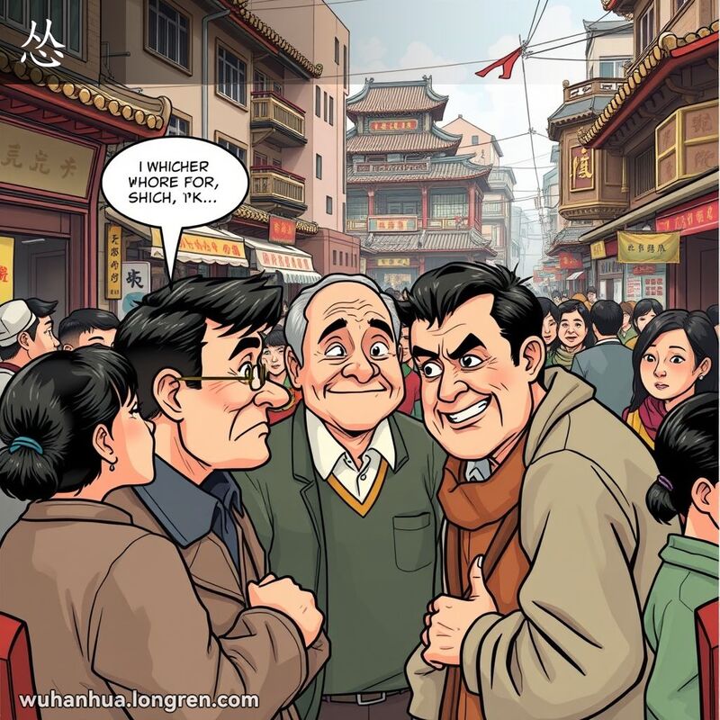 武汉街头，一群人围观两人争吵，其中一人在煽动争吵，背景是老建筑和小摊贩。