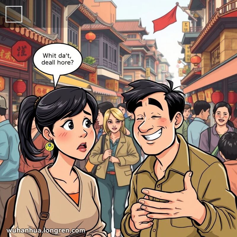 一位女性在武汉老街上与一个爱传闲话的男性交谈，背景是繁忙的市场和传统建筑
