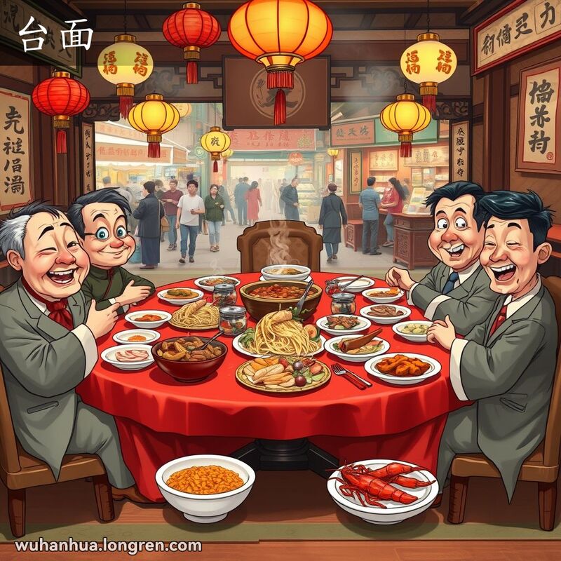 传统武汉宴会桌面，摆满本地美食，背景是老街市场，象征公共场合的台面