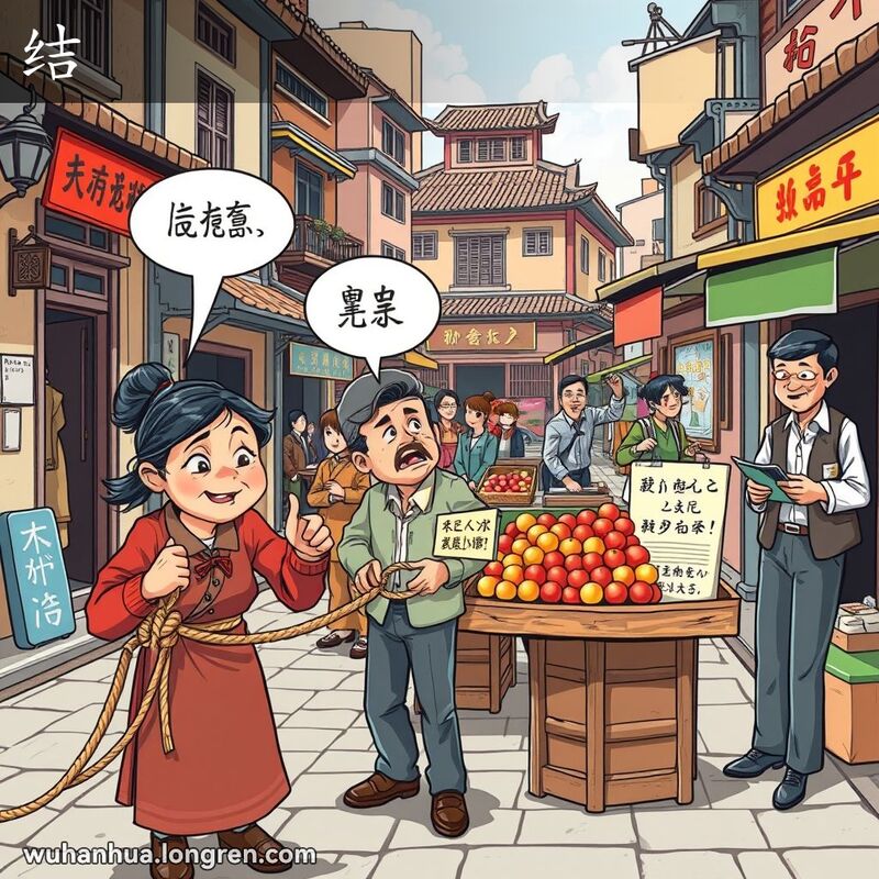 武汉街头，妇女系绳子，两男子争吵，水果摊展示苹果，店主结账，展示“结”的多种含义