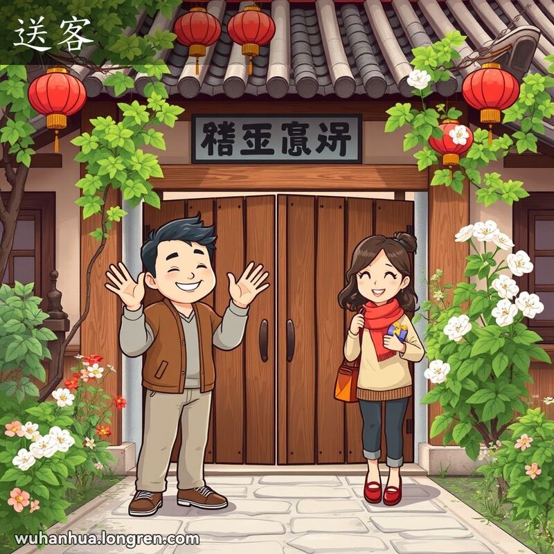 一位武汉市民在庭院门口送别客人，背景是传统中国建筑和红灯笼